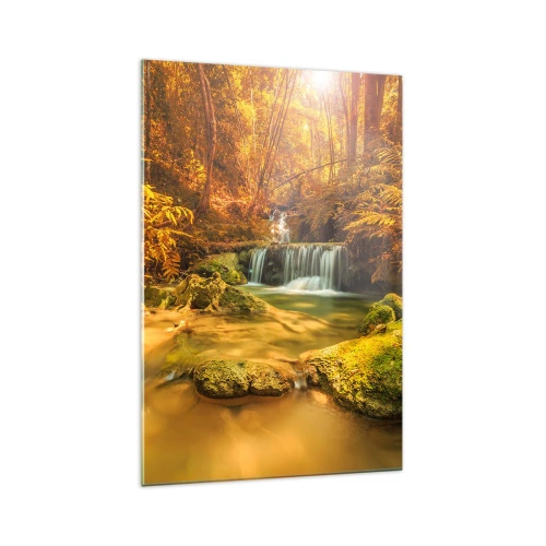 Glasbild - Bild auf glas - Ein goldener Wasserfall in einem herbstlichen Wald, umgeben von Grün - 70x100cm - Waldkaskade in Gold - Moderne Wanddekoration für Wohnzimmer und Schlafzimmer ARTTOR
