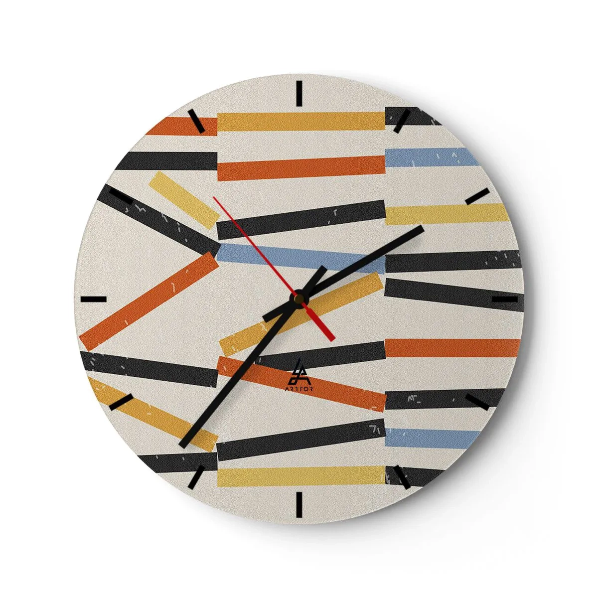 Wanduhr - Glasuhr - Farbige und schwarze Rechtecke horizontal angeordnet auf hellem Hintergrund - 30x30cm - Komposition auf der Ebene - Moderne Wanddekoration für Wohnzimmer, Küche und Schlafzimmer ARTTOR