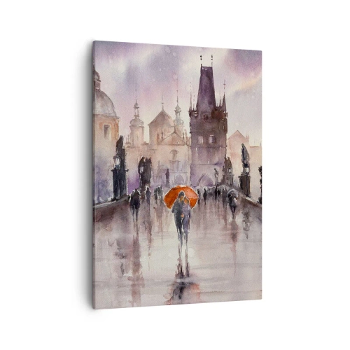 Bild auf Leinwand - Leinwandbild - Romantischer Blick auf eine Brücke mit einem Regenschirm vor der Kulisse einer abendlichen Stadt - 50x70cm - Leute verändern sich nicht - Moderne Wanddekoration für Wohnzimmer und Schlafzimmer ARTTOR