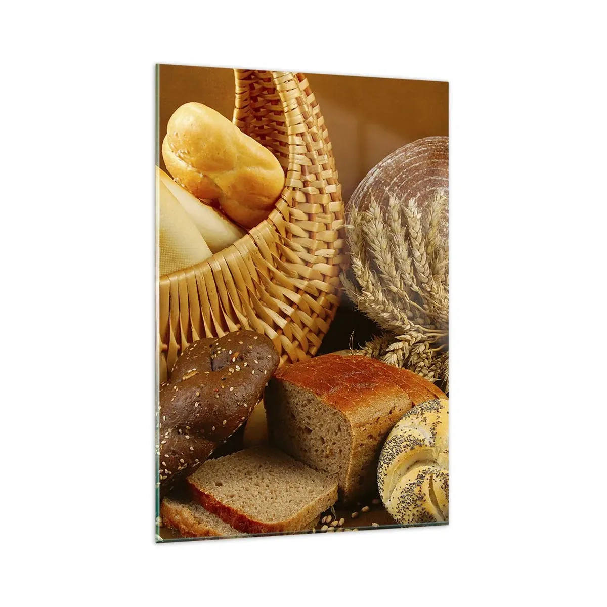 Glasbild - Bild auf glas - Verschiedene Brotsorten in einem Weidenkorb auf goldenem Hintergrund - 80x120cm - Wir sind wieder davongekommen - Moderne Wanddekoration für Wohnzimmer und Schlafzimmer ARTTOR