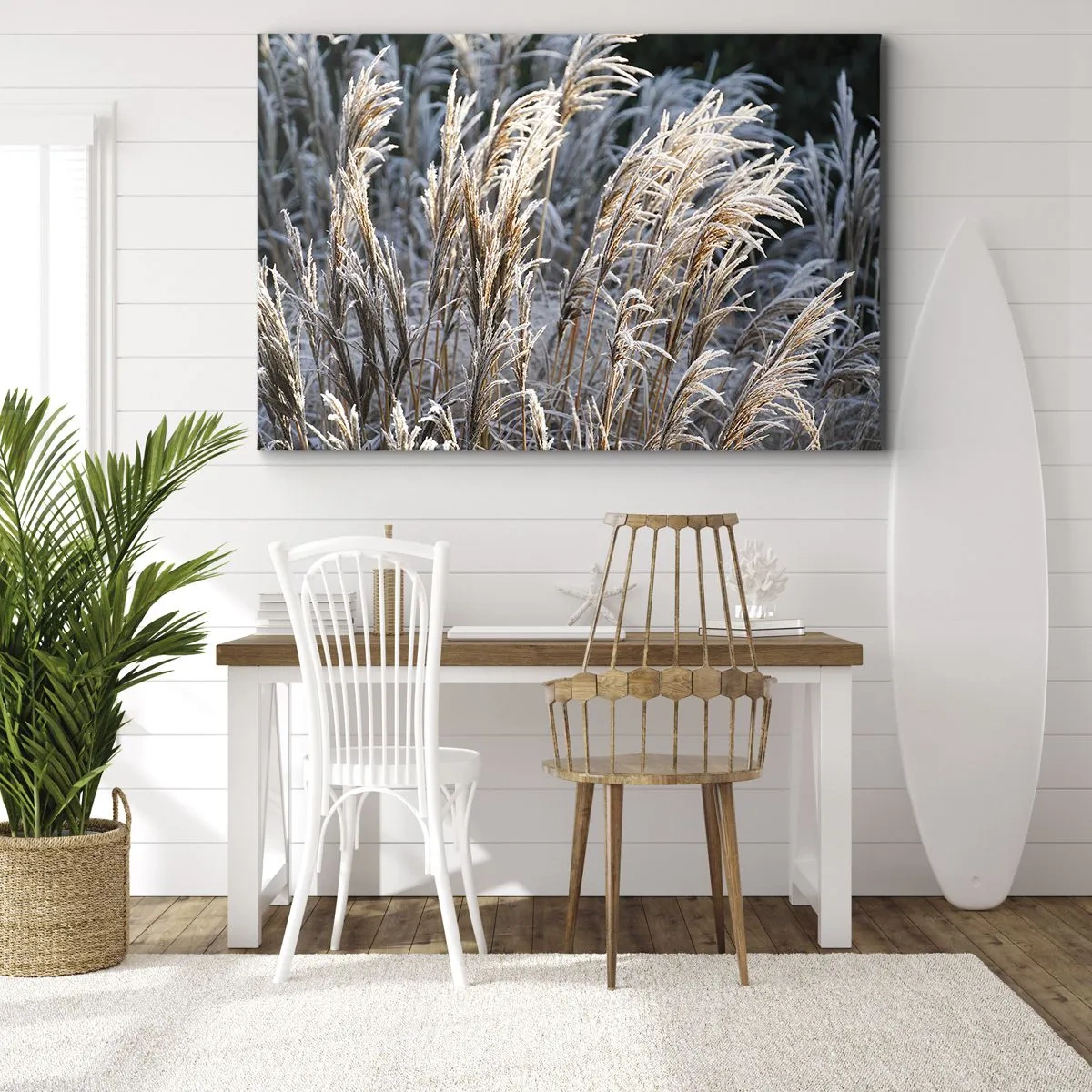 Bild auf Leinwand - Leinwandbild - Winterliche Grashalme mit Frost bedeckt vor einem dunkelgrünen Hintergrund - 70x50cm - Gekleidet mit Frost - Moderne Wanddekoration für Wohnzimmer und Schlafzimmer ARTTOR