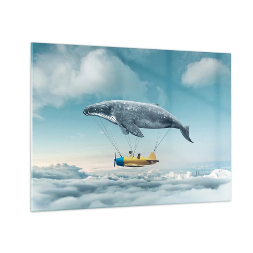 Glasbild - Bild auf glas - In einer surrealen Umgebung hebt ein Wal ein Flugzeug über die Wolken. - 70x50cm - Warum nicht? - Moderne Wanddekoration für Wohnzimmer und Schlafzimmer ARTTOR