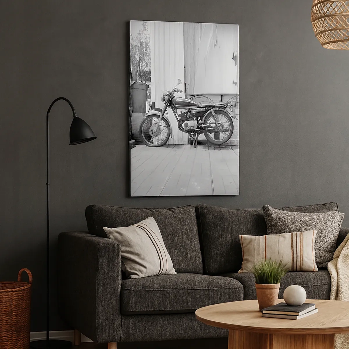 Bild auf Leinwand - Leinwandbild - Schwarz-Weiß-Foto eines klassischen Motorrads - 50x70cm - Klassik über alles - Moderne Wanddekoration für Wohnzimmer und Schlafzimmer ARTTOR