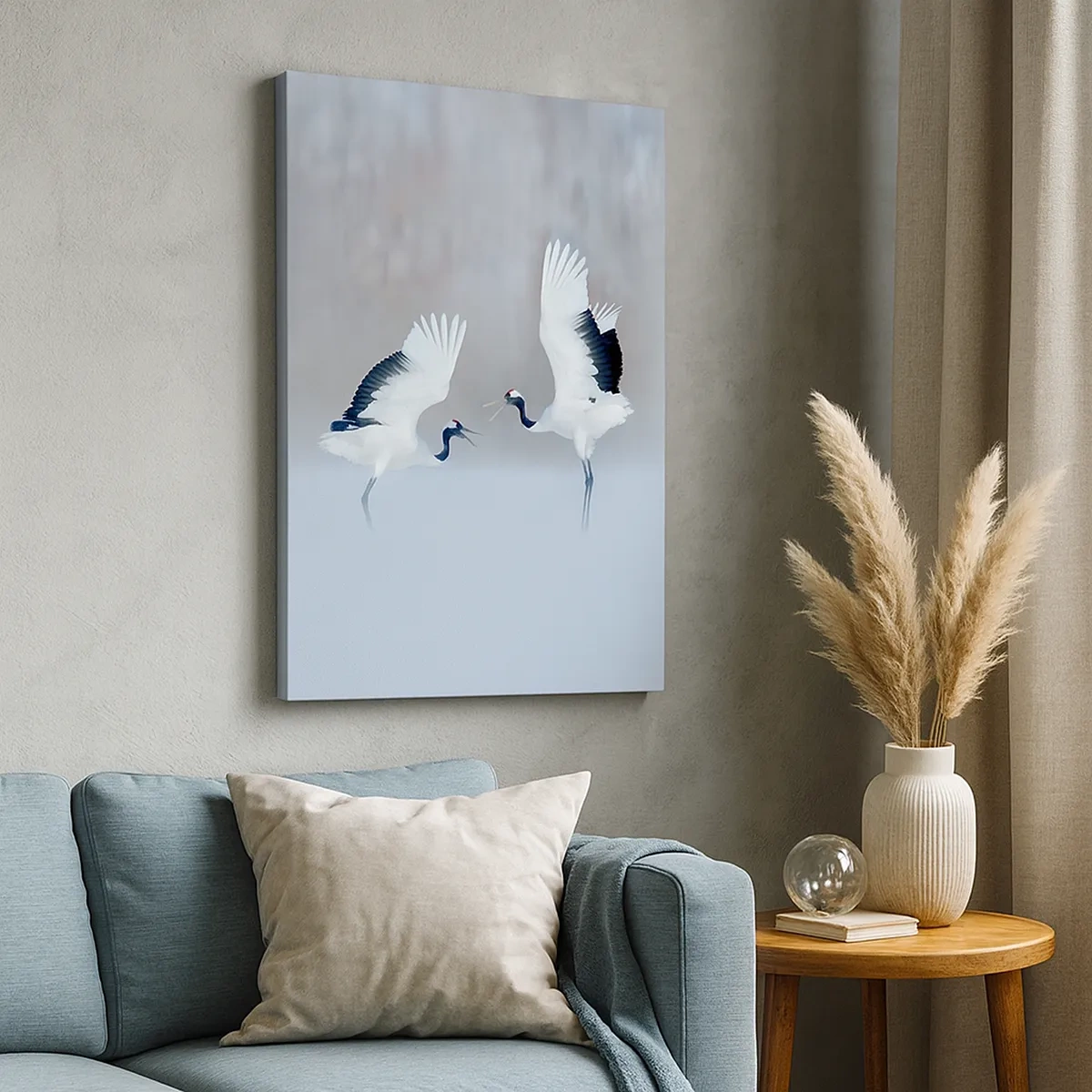 Bild auf Leinwand - Leinwandbild - Zwei Kraniche tanzen in einer nebligen Landschaft - 50x70cm - Tanz im Nebel - Moderne Wanddekoration für Wohnzimmer und Schlafzimmer ARTTOR