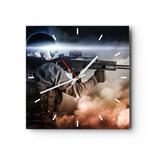 Wanduhr - Glasuhr - Ein Soldat im Einsatz mit einem Gewehr vor einem Hintergrund aus Wolken und Licht. - 30x30cm - Nur ein Held - Moderne Wanddekoration für Wohnzimmer und Schlafzimmer ARTTOR