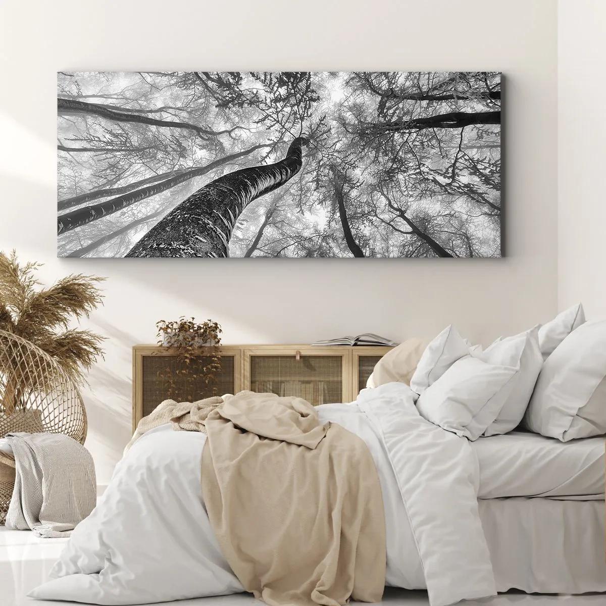 Bild auf Leinwand - Leinwandbild - Perspektive von Bäumen in einem Wald von unten gesehen in Grautönen - 120x50cm - Rennen zum Licht - Moderne Wanddekoration für Wohnzimmer und Schlafzimmer ARTTOR