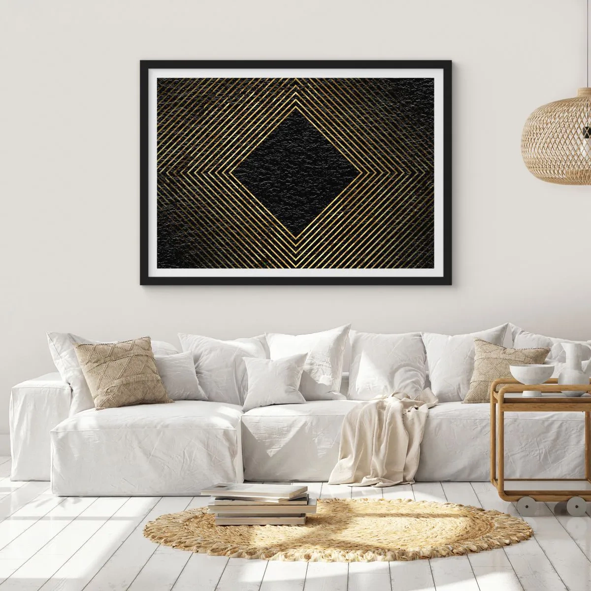 Poster in einem schwarzem Rahmen - Schwarzer Hintergrund mit einem geometrischen Muster aus goldenen Linien - 70x50cm - Geometrie im glamourösen Stil - Moderne Wanddekoration für Wohnzimmer und Schlafzimmer ARTTOR