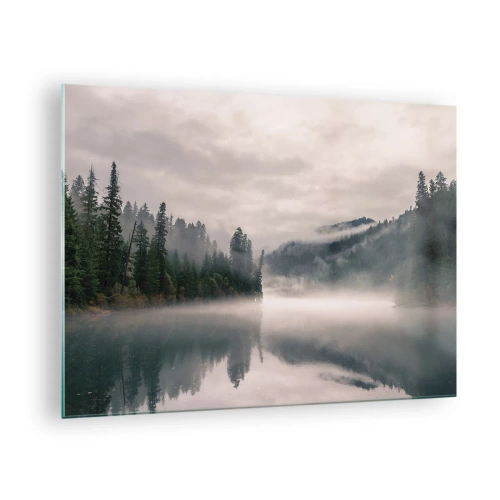 Glasbild - Bild auf glas - Morgendlicher Blick auf einen See im Wald, in Nebel gehüllt - 70x50cm - In Reflexion, im Nebel - Moderne Wanddekoration für Wohnzimmer und Schlafzimmer ARTTOR