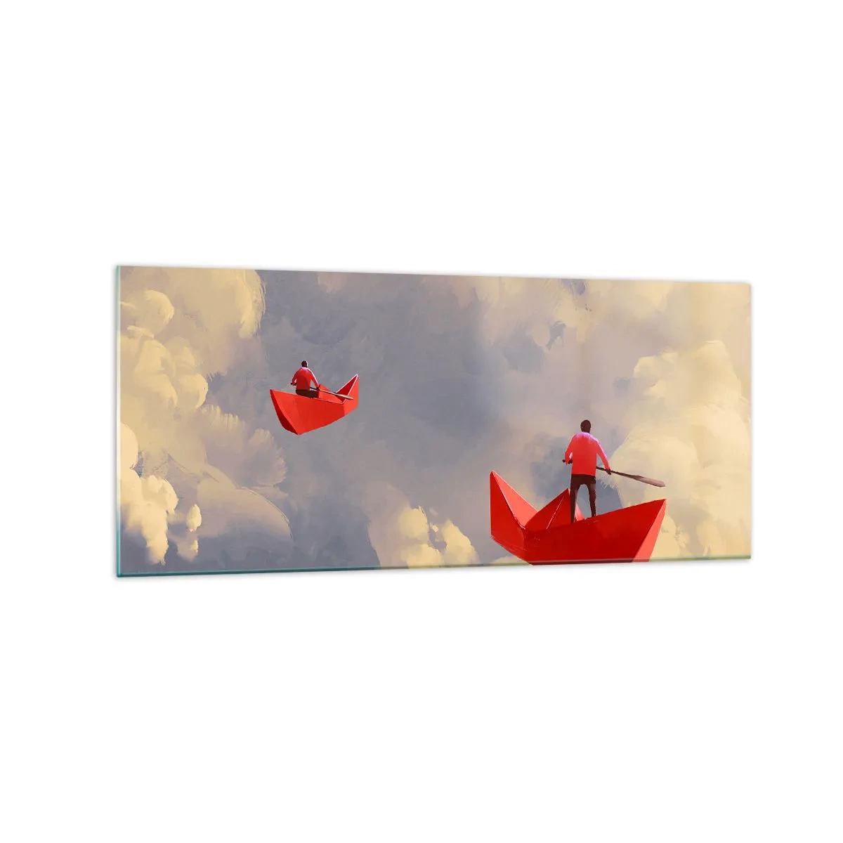 Glasbild - Bild auf glas - Rote Papierboote schweben in den Wolken - 120x50cm - Expedition der Träumer - Moderne Wanddekoration für Wohnzimmer und Schlafzimmer ARTTOR