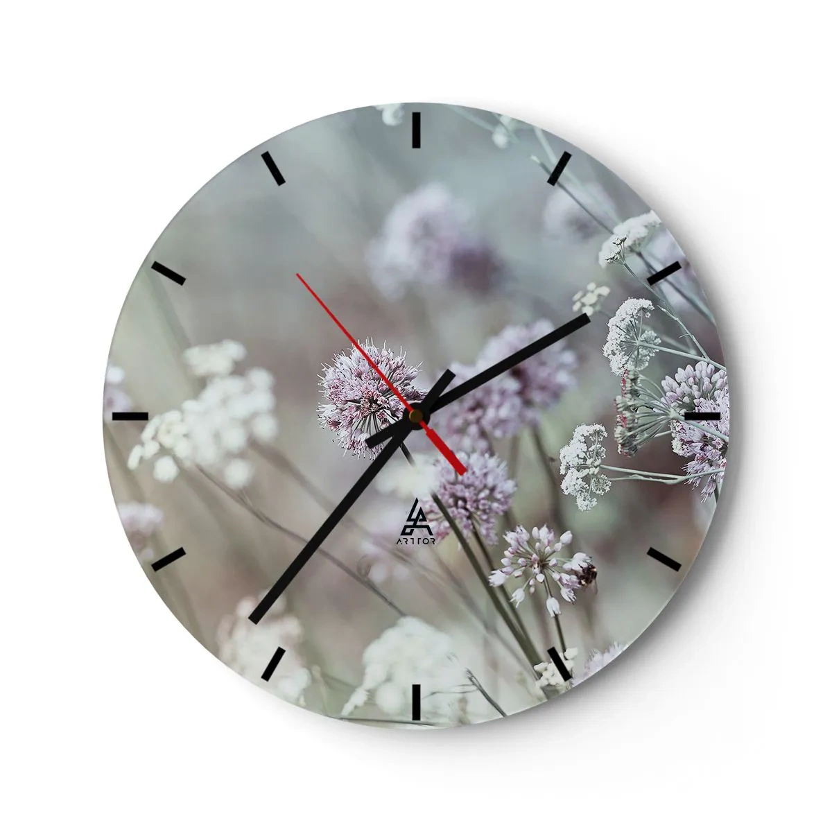 Wanduhr - Glasuhr - Wildblumen in Pastelltönen - 30x30cm - Süße filigrane Kräuter - Moderne Wanddekoration für Wohnzimmer, Küche und Schlafzimmer ARTTOR