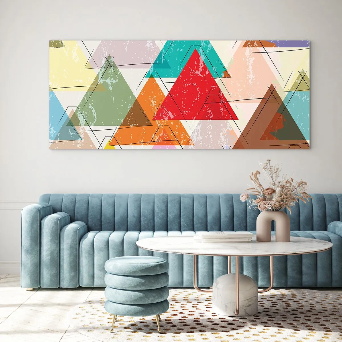 Glasbild - Bild auf glas - Bunte Abstraktion mit geometrischen Dreiecken - 120x50cm - Drei mal drei - Moderne Wanddekoration für Wohnzimmer und Schlafzimmer ARTTOR