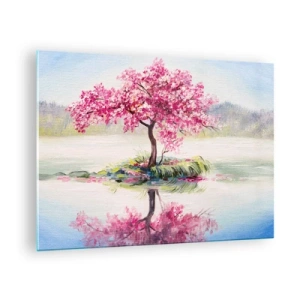 Glasbild - Bild auf glas - Ein rosa Baum auf einer Insel, der sich im ruhigen Wasser spiegelt - 70x50cm - Der Ritus des Frühlings - Moderne Wanddekoration für Wohnzimmer und Schlafzimmer ARTTOR