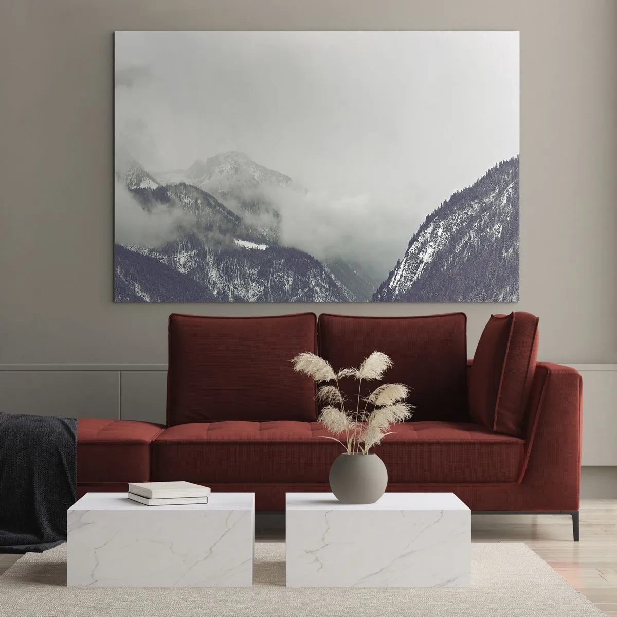 Glasbild - Bild auf glas - Ein Bergtal im Nebel in Grautönen - 70x50cm - Nebliges Tal - Moderne Wanddekoration für Wohnzimmer und Schlafzimmer ARTTOR