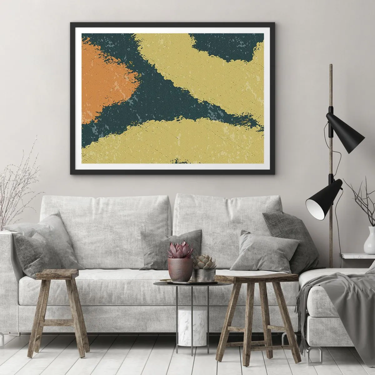 Poster in einem schwarzem Rahmen - Abstrakte Flecken in erdigen und grünen Farben - 70x50cm - Abstraktion – langsame Bewegung - Moderne Wanddekoration für Wohnzimmer und Schlafzimmer ARTTOR
