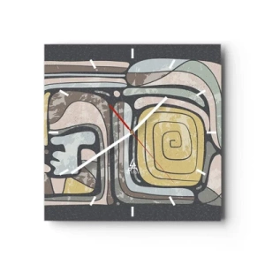 Wanduhr - Glasuhr - Präkolumbianische Muster in Pastellfarben auf dunklem Hintergrund - 30x30cm - Abstraktion im präkolumbianischen Geist - Moderne Wanddekoration für Wohnzimmer und Schlafzimmer ARTTOR