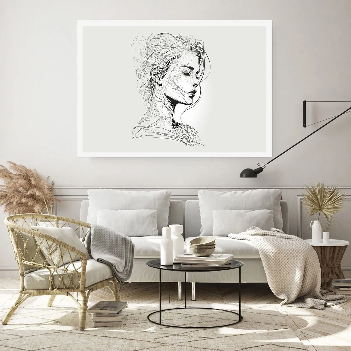 Poster - Ein zartes Frauenporträt im minimalistischen Grafikstil. - 100x70cm - Porträt im Gedanken - Moderne Wanddekoration für Wohnzimmer und Schlafzimmer ARTTOR