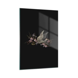 Glasbild - Bild auf glas - Gestickter Vogel im Flug mit Blumen im Hintergrund auf dunklem Untergrund - 50x70cm - Exotischer gestickter Vogel - Moderne Wanddekoration für Wohnzimmer und Schlafzimmer ARTTOR
