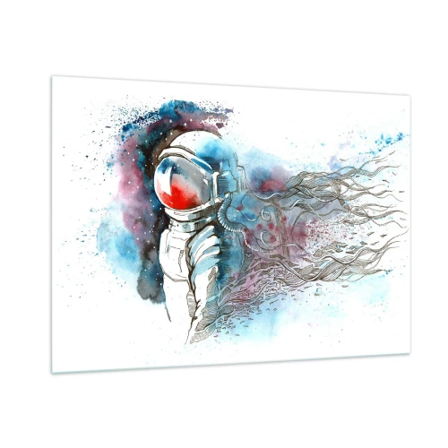 Glasbild - Bild auf glas - Astronaut in einer dynamischen Aquarell-Weltraumkulisse - 100x70cm - Allein mit Platz - Moderne Wanddekoration für Wohnzimmer und Schlafzimmer ARTTOR
