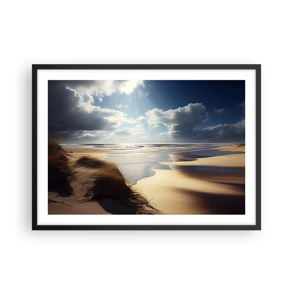Poster in einem schwarzem Rahmen - Ein wilder Strand mit Dünen und blauem Himmel - 70x50cm - Strand, wilder Strand - Moderne Wanddekoration für Wohnzimmer und Schlafzimmer ARTTOR