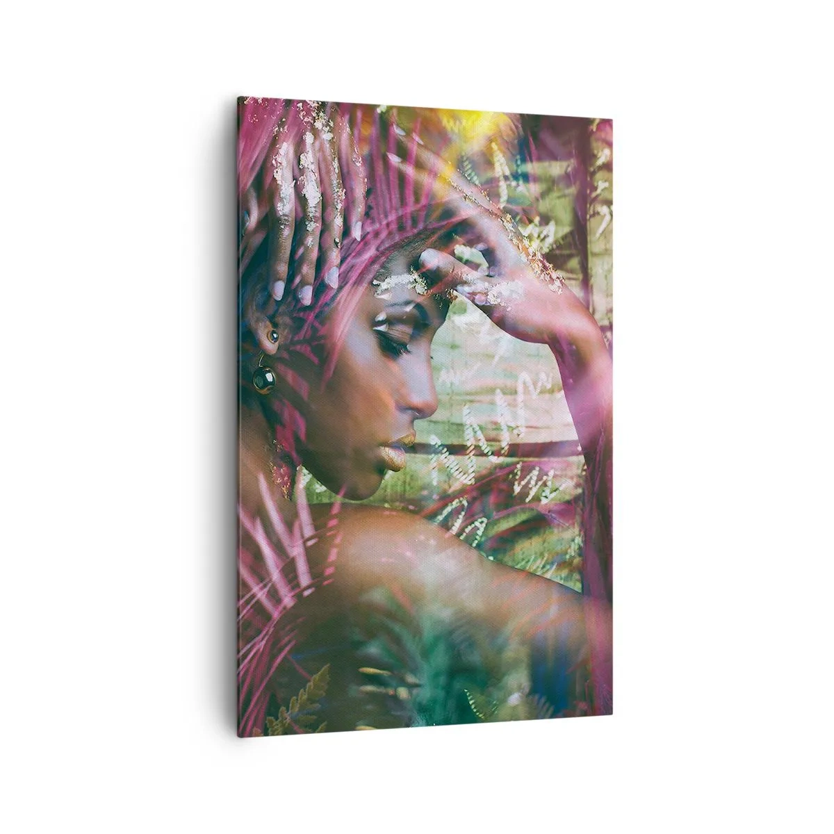Bild auf Leinwand - Leinwandbild - Porträt einer Frau, umgeben von exotischer Vegetation - 80x120cm - Mutter Natur im Dschungel - Moderne Wanddekoration für Wohnzimmer und Schlafzimmer ARTTOR