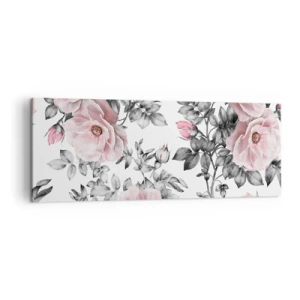 Bild auf Leinwand - Leinwandbild - Rosa Rosen und Blätter auf einem zarten schwarz-weißen Hintergrund - 140x50cm - Verliere dich in den Blüten der Rosen - Moderne Wanddekoration für Wohnzimmer und Schlafzimmer ARTTOR