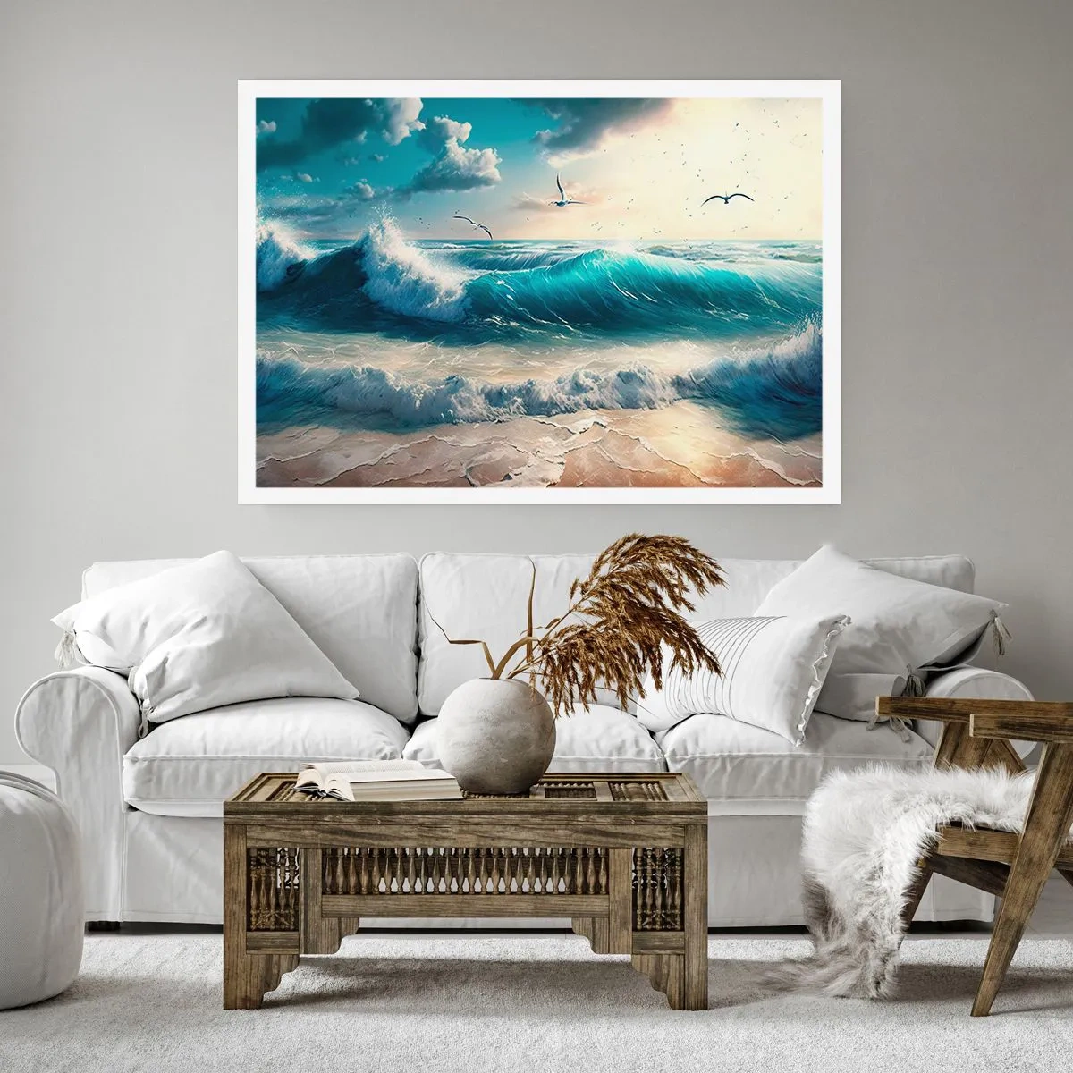 Poster - Meereswellen am Strand unter blauem Himmel mit Möwen - 100x70cm - Es summt nur für dich - Moderne Wanddekoration für Wohnzimmer und Schlafzimmer ARTTOR