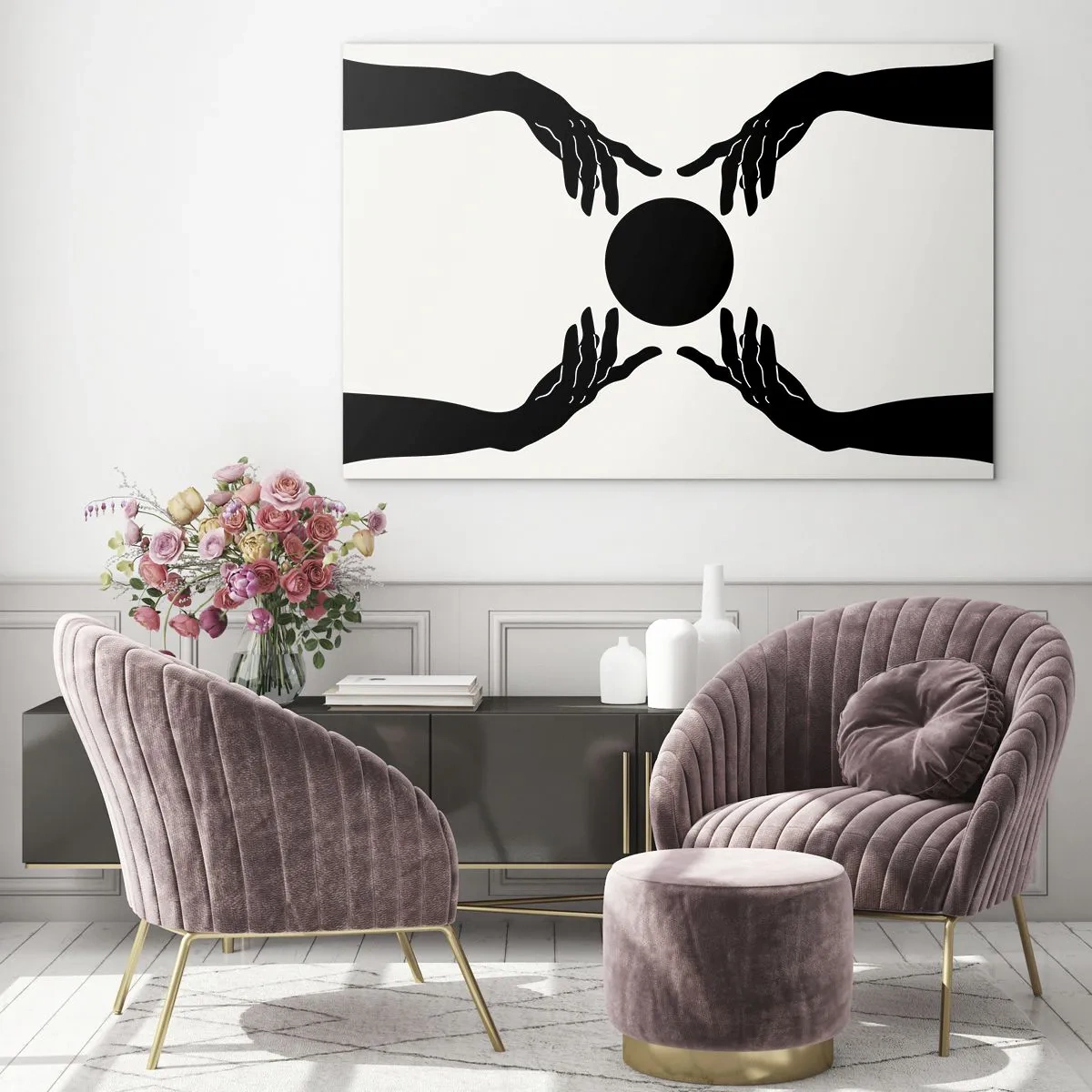 Glasbild - Bild auf glas - Schwarze Hände um einen schwarzen Kreis auf hellem Hintergrund - 70x50cm - Geheimes Zeichen - Moderne Wanddekoration für Wohnzimmer und Schlafzimmer ARTTOR