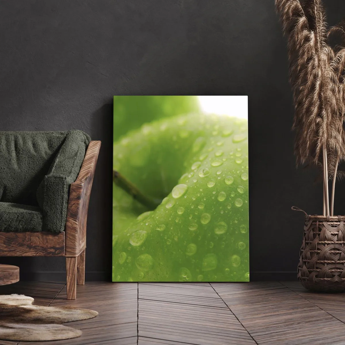 Bild auf Leinwand - Leinwandbild - Nahaufnahme eines grünen Apfels mit Wassertropfen - 50x70cm - Grüne kühle Frische - Moderne Wanddekoration für Wohnzimmer und Schlafzimmer ARTTOR