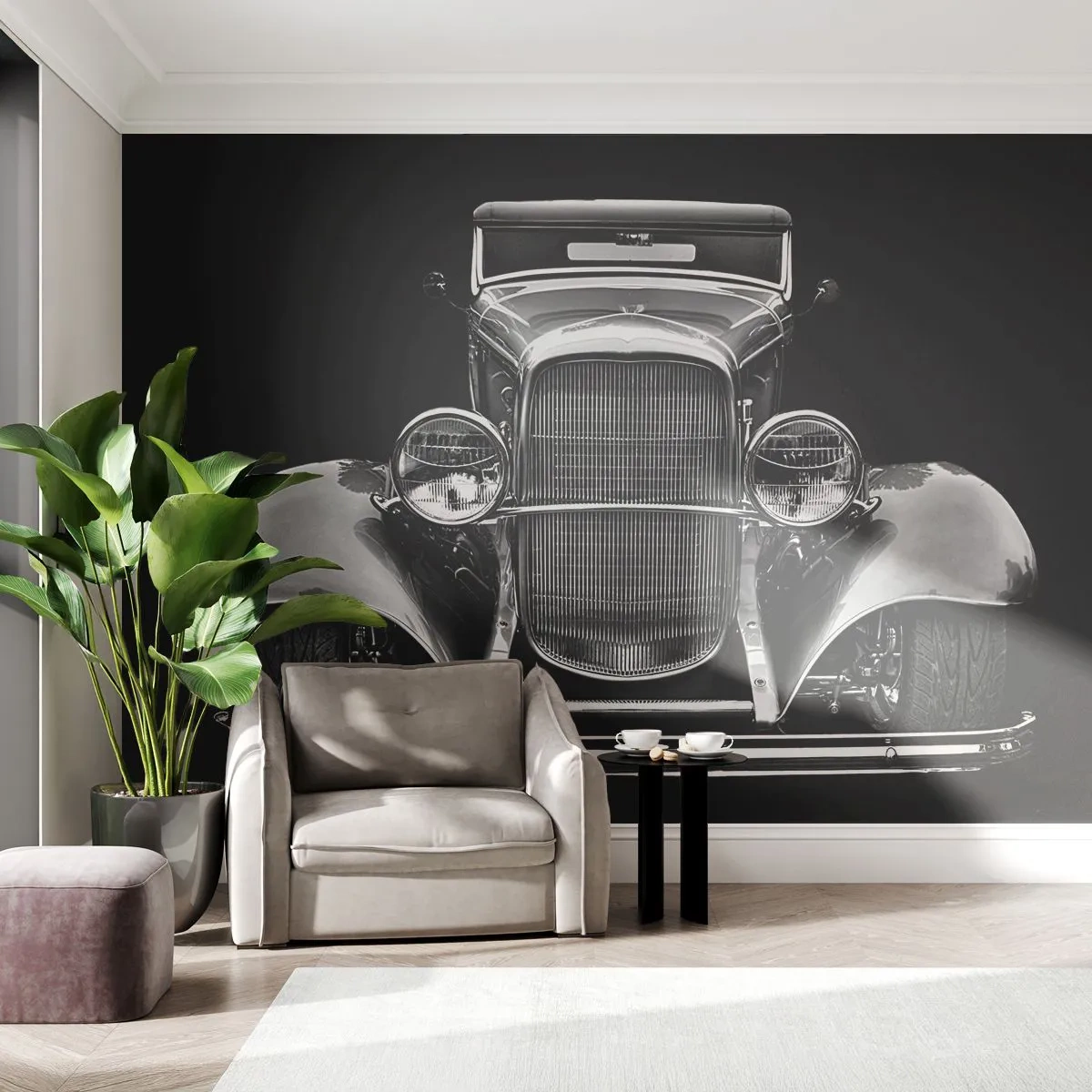 Fototapete Premium Sand - Eine Frontalaufnahme eines Oldtimers vor schwarzem Hintergrund - 100x70cm - Wahrer Gentleman - Moderne Wanddekoration für Wohnzimmer und Schlafzimmer ARTTOR