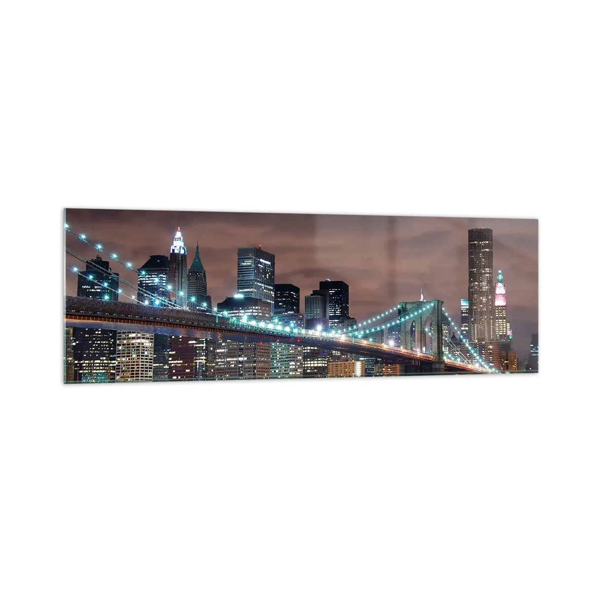 Glasbild - Bild auf glas - Die nachts beleuchtete Brücke vor dem Hintergrund des modernen Stadtpanoramas - 160x50cm - Lichter der Großstadt - Moderne Wanddekoration für Wohnzimmer und Schlafzimmer ARTTOR