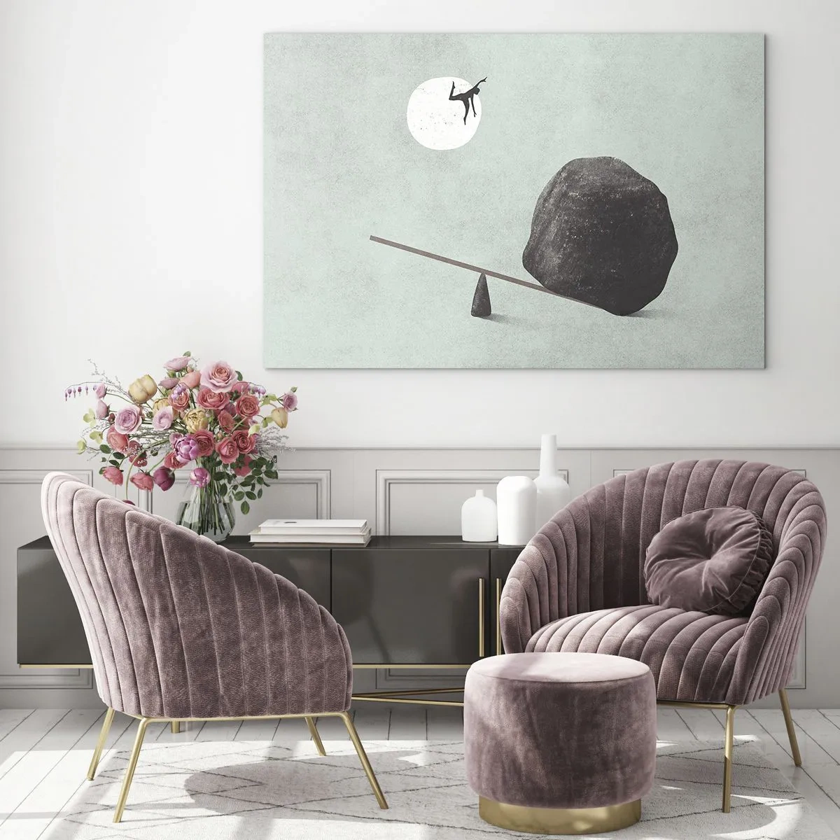 Glasbild - Bild auf glas - Eine minimalistische Szene mit einem Mann, der zum Mond fliegt. - 120x80cm - Erfüllte Träume - Moderne Wanddekoration für Wohnzimmer und Schlafzimmer ARTTOR