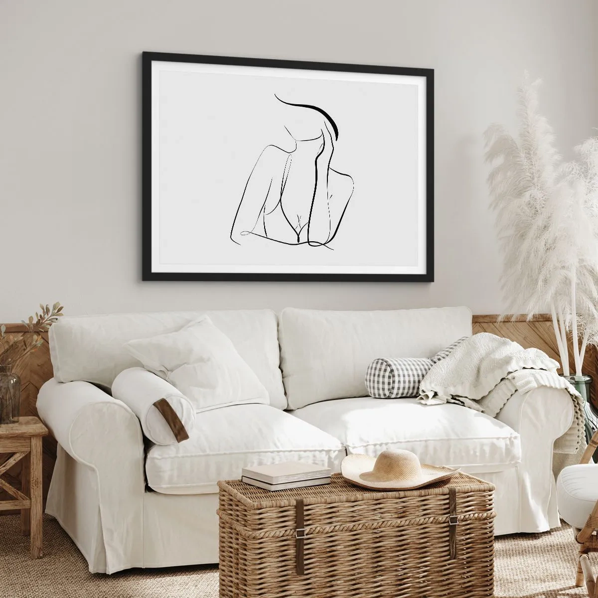 Poster in einem schwarzem Rahmen - Eine zarte Skizze einer weiblichen Silhouette im minimalistischen Stil - 70x50cm - Auf der Traumwelle - Moderne Wanddekoration für Wohnzimmer und Schlafzimmer ARTTOR