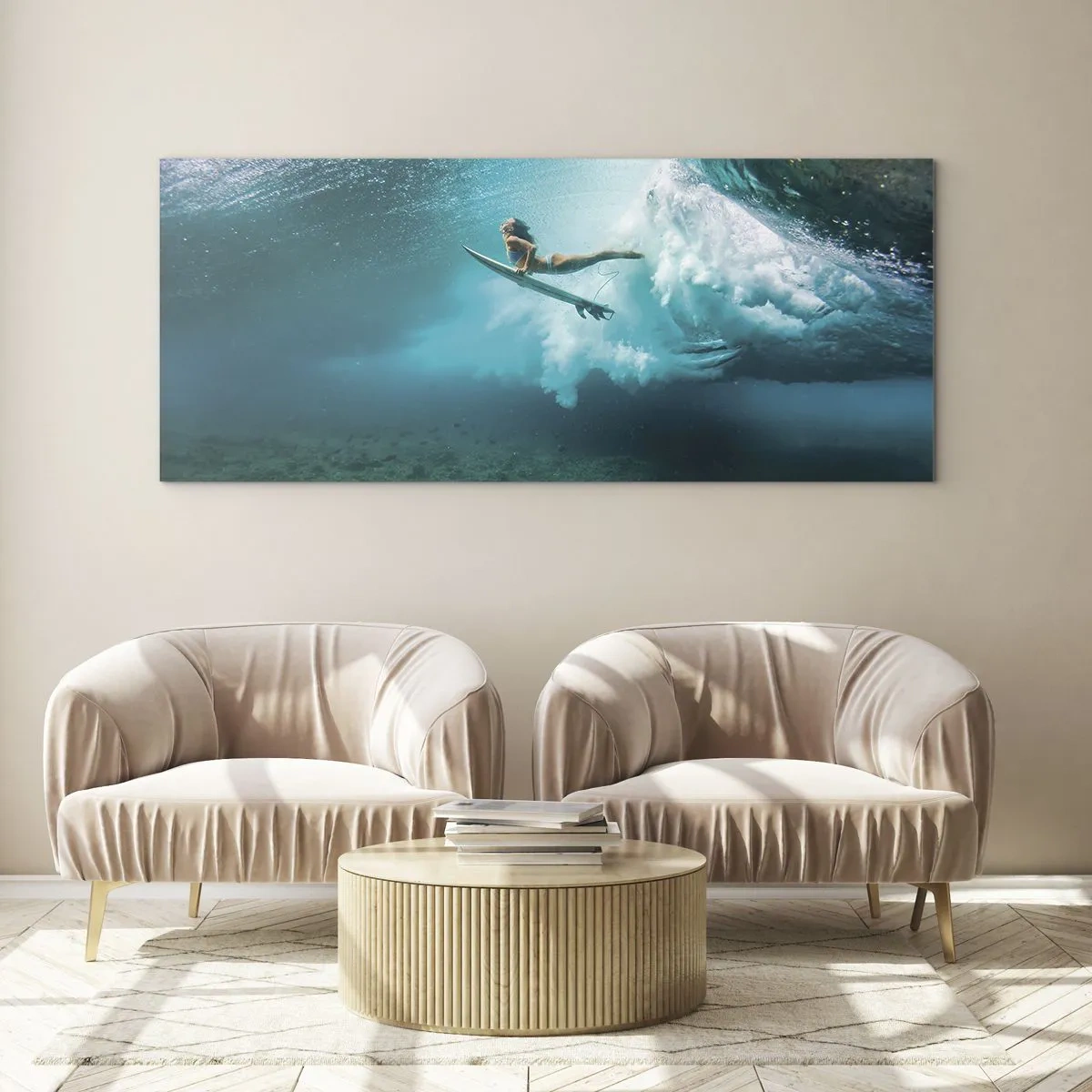 Glasbild - Bild auf glas - Surfer unter einer Welle im blauen Ozeanwasser - 160x50cm - Unterwasserwelt - Moderne Wanddekoration für Wohnzimmer und Schlafzimmer ARTTOR