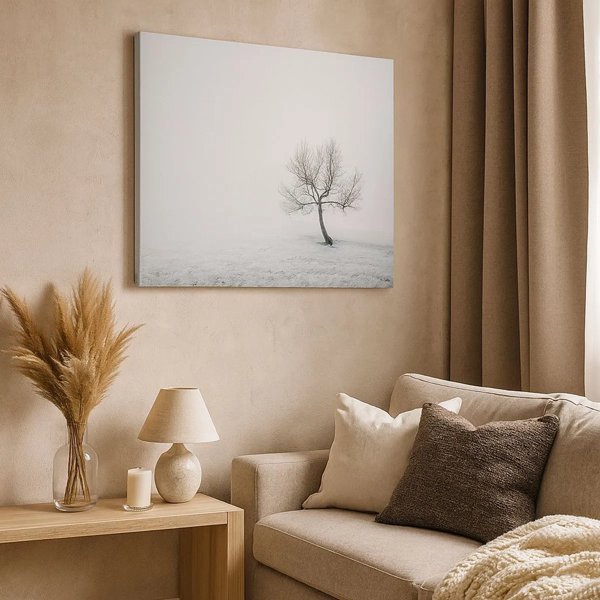 Bild auf Leinwand - Leinwandbild - Ein einsamer Baum im Winternebel auf einem leeren Feld - 70x50cm - Gegen das Nichts - Moderne Wanddekoration für Wohnzimmer und Schlafzimmer ARTTOR