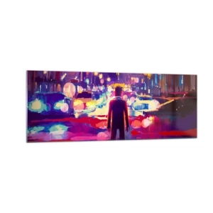 Glasbild - Bild auf glas - Ein Mann in einer neonfarbenen Nachtszene einer Stadt - 140x50cm - Eingetaucht in das Licht - Moderne Wanddekoration für Wohnzimmer und Schlafzimmer ARTTOR