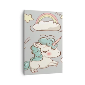 Bild auf Leinwand - Leinwandbild - Niedliche Einhörner auf pastellfarbenem Hintergrund - 80x120cm - Sicherlich gibt es... - Moderne Wanddekoration für Wohnzimmer und Schlafzimmer ARTTOR