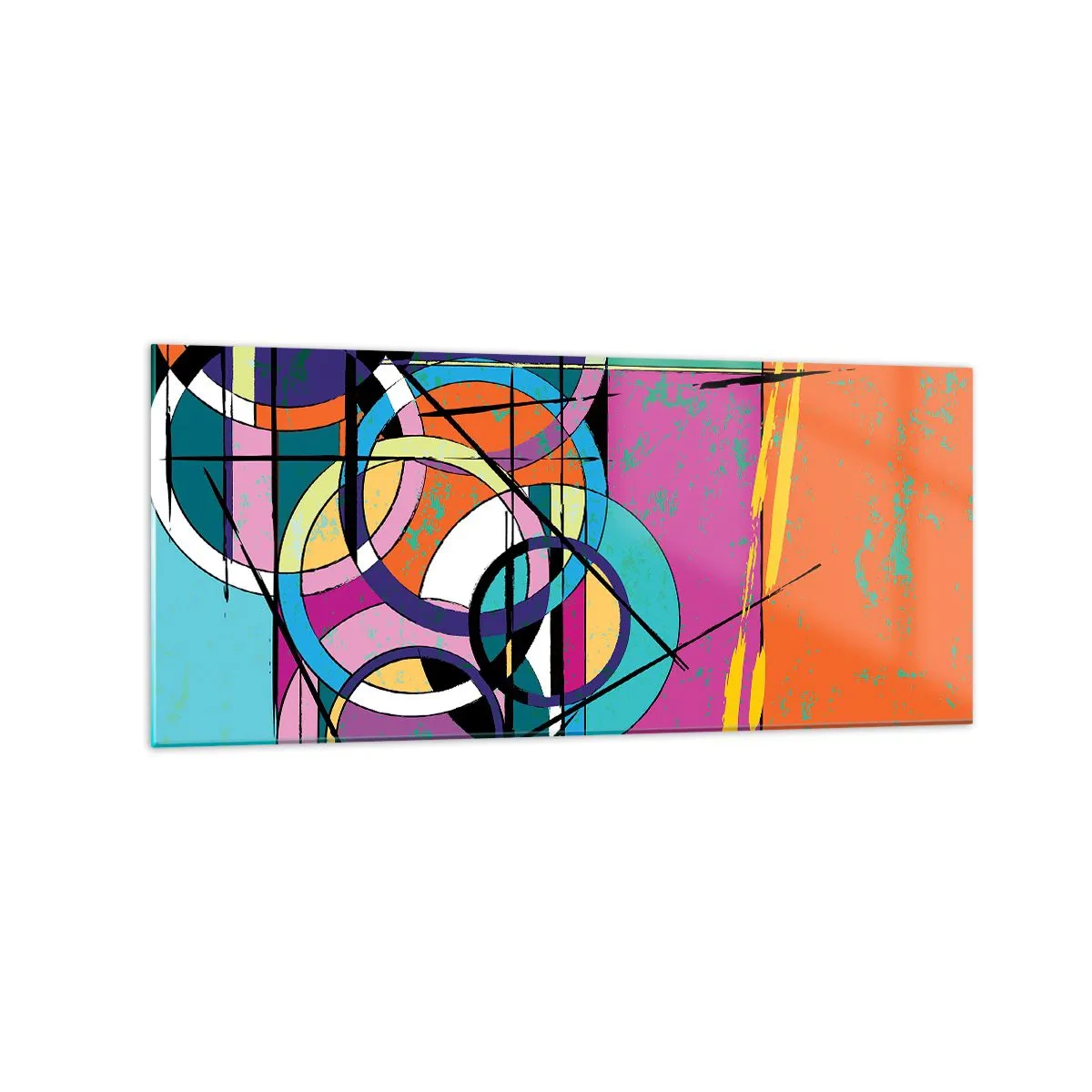 Glasbild - Bild auf glas - Bunte Abstraktion mit geometrischen Kreisen - 120x50cm - Rad für Rad - Moderne Wanddekoration für Wohnzimmer und Schlafzimmer ARTTOR