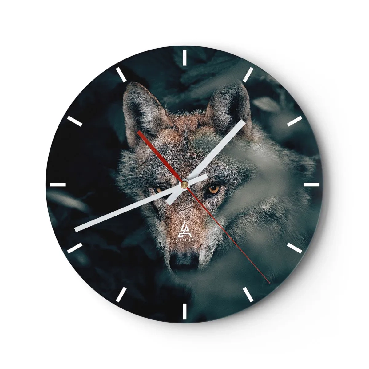 Wanduhr - Glasuhr - Ein Wolf mit intensivem Blick vor dem Hintergrund eines dunklen Waldes - 30x30cm - Jäger - Moderne Wanddekoration für Wohnzimmer, Küche und Schlafzimmer ARTTOR