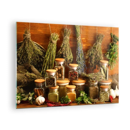 Glasbild - Bild auf glas - Kräuter und Gewürze in Gläsern auf einem hölzernen Hintergrund - 70x50cm - Küchenzauber - Moderne Wanddekoration für Wohnzimmer und Schlafzimmer ARTTOR