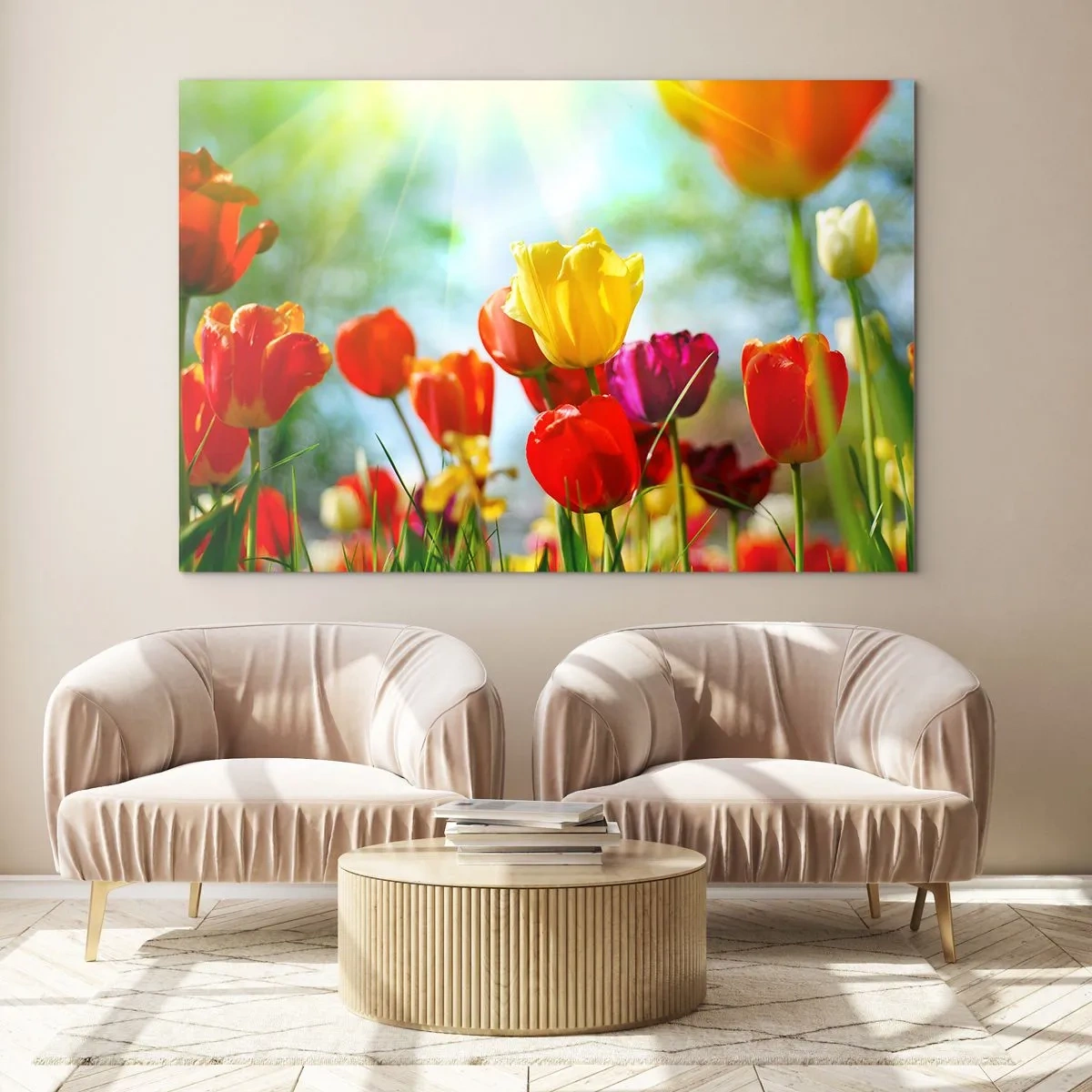 Glasbild - Bild auf glas - Bunte Tulpen, beleuchtet von den Sonnenstrahlen - 100x70cm - Alle Farben der Sonne - Moderne Wanddekoration für Wohnzimmer und Schlafzimmer ARTTOR