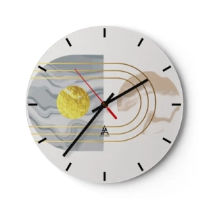 Wanduhr - Glasuhr - Goldene Linien und ein Kreis auf hellem Hintergrund mit geometrischem Muster - 30x30cm - Helligkeit und Brillanz - Moderne Wanddekoration für Wohnzimmer, Küche und Schlafzimmer ARTTOR