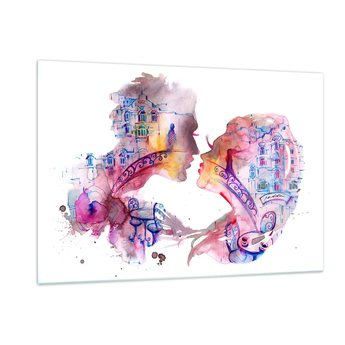 Glasbild - Bild auf glas - Illustration eines abstrakten Porträts zweier Menschen in Form eines Herzens - 120x80cm - Die geheime Seufzerbrücke - Moderne Wanddekoration für Wohnzimmer und Schlafzimmer ARTTOR