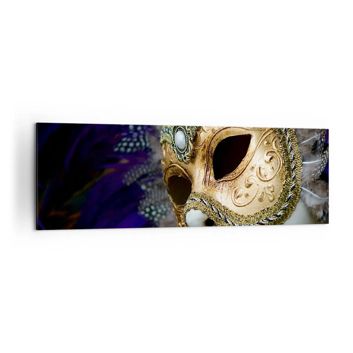 Bild auf Leinwand - Leinwandbild - Goldene venezianische Maske mit dekorativen Federn und Ornamenten - 160x50cm - Venezianisches Porträt in Gold - Moderne Wanddekoration für Wohnzimmer und Schlafzimmer ARTTOR