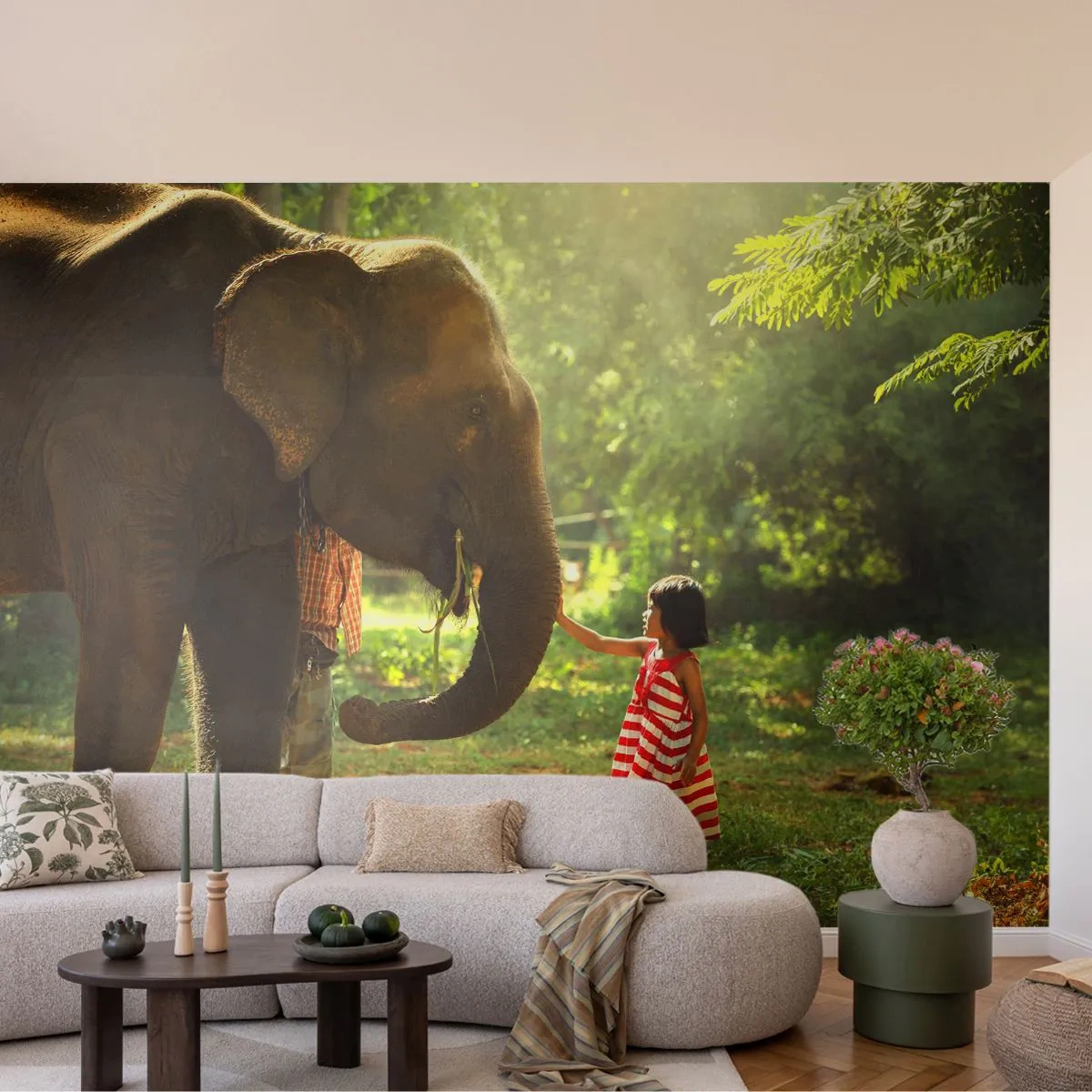 Fototapete Premium Sand - Ein Mädchen in einem roten Kleid berührt den Rüssel eines Elefanten - 100x70cm - Die Stärke der Freundschaft - Moderne Wanddekoration für Wohnzimmer und Schlafzimmer ARTTOR
