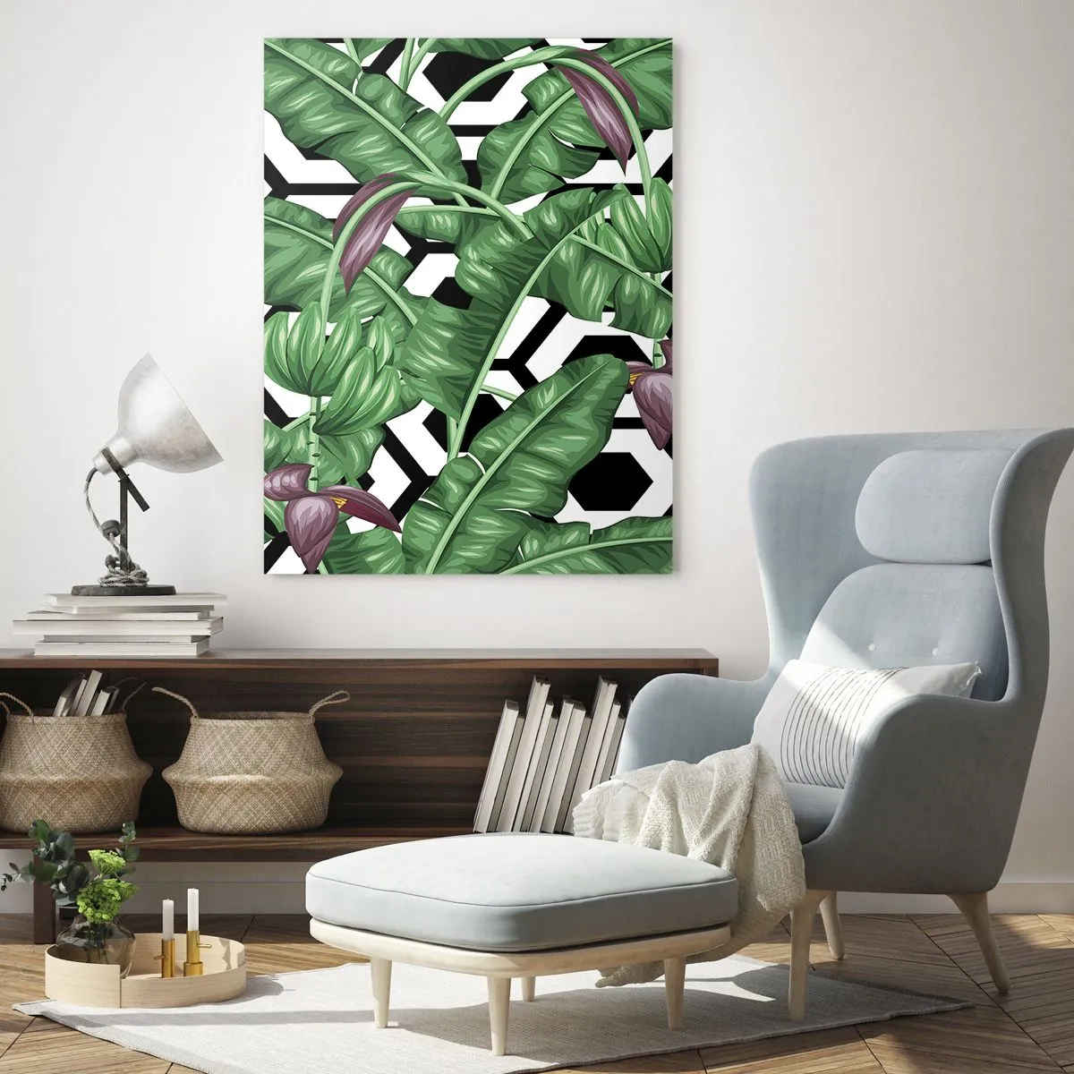 Glasbild - Bild auf glas - Tropische Blätter und Blumen vor einem schwarz-weißen geometrischen Musterhintergrund - 50x70cm - Von Natur aus eine symmetrische Komposition - Moderne Wanddekoration für Wohnzimmer und Schlafzimmer ARTTOR