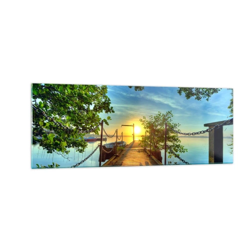 Glasbild - Bild auf glas - Ein Pier über dem See in den Strahlen des Sonnenuntergangs - 140x50cm - Westen auf dem Wasser - Moderne Wanddekoration für Wohnzimmer und Schlafzimmer ARTTOR