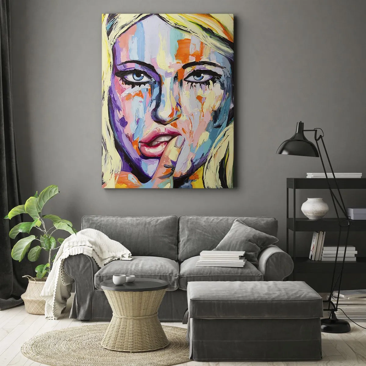 Bild auf Leinwand - Leinwandbild - Farbenfrohes Porträt einer Frau im abstrakten Stil - 50x70cm - Schau ihr direkt in die Augen - Moderne Wanddekoration für Wohnzimmer und Schlafzimmer ARTTOR
