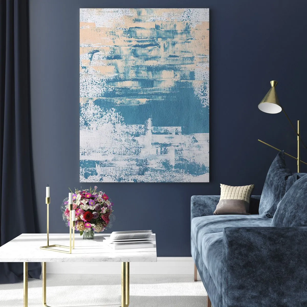 Glasbild - Bild auf glas - Abstraktion in Blau und Beige mit Pinselstruktur - 50x70cm - Durch einen Eiszapfen - Moderne Wanddekoration für Wohnzimmer und Schlafzimmer ARTTOR