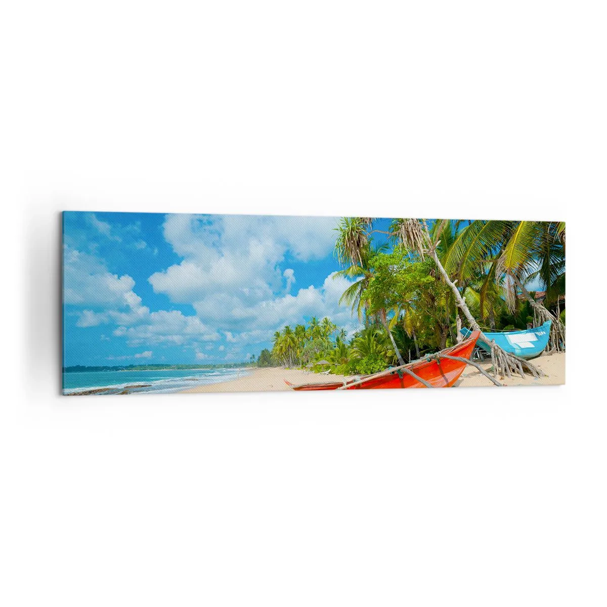 Bild auf Leinwand - Leinwandbild - Tropischer Strand mit Palmen und bunten Booten - 160x50cm - Der Charme der Tropen - Moderne Wanddekoration für Wohnzimmer und Schlafzimmer ARTTOR