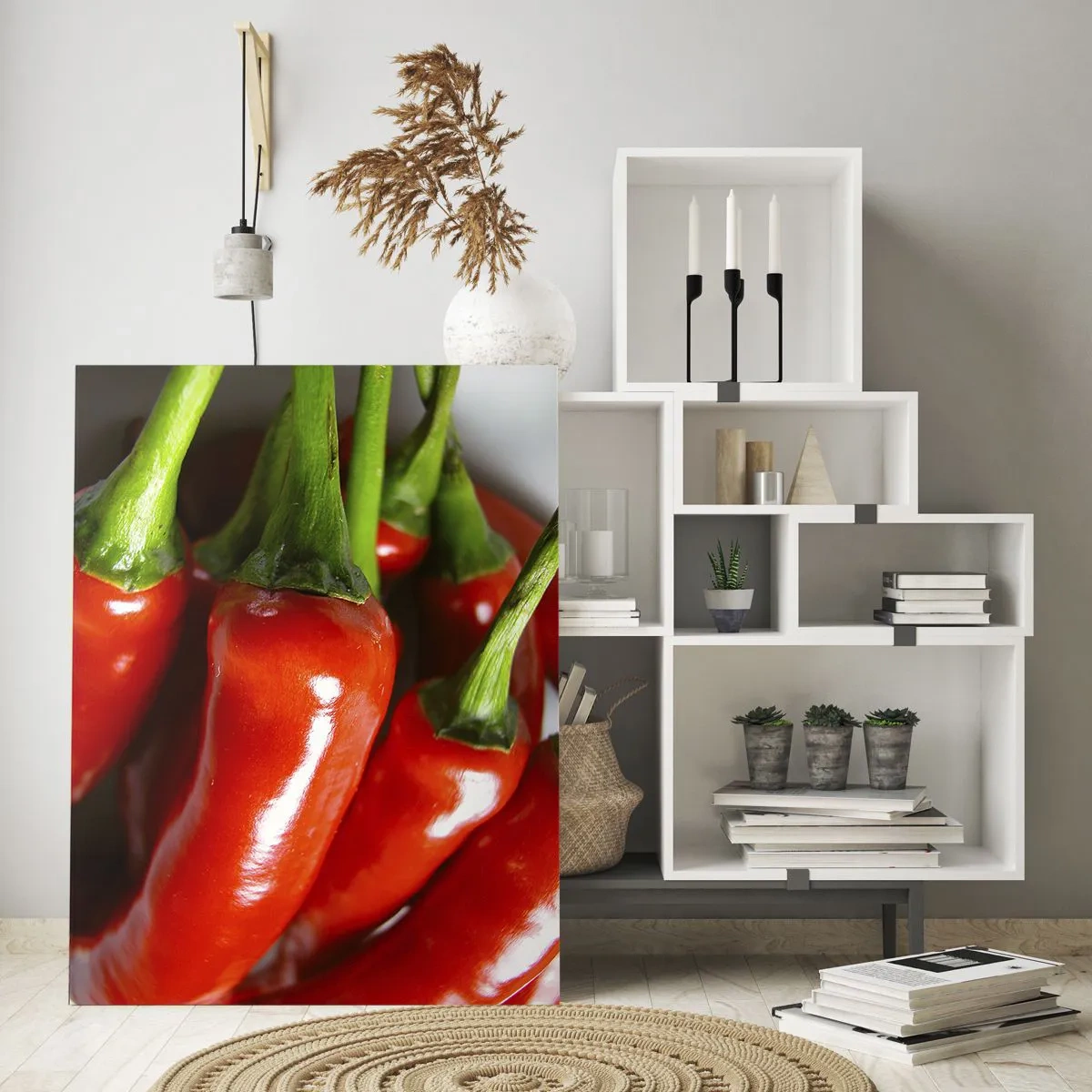 Glasbild - Bild auf glas - Rote Chilischoten mit grünen Stielen - 50x70cm - Saftig, glänzend, glatt - Moderne Wanddekoration für Wohnzimmer und Schlafzimmer ARTTOR